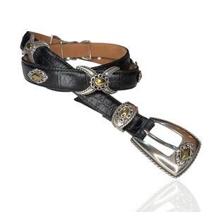 Vintage 90s Brighton Western Medallion Belt Black Leather Silver Gold Buckle XL